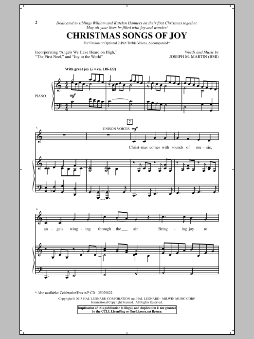 Joseph M. Martin Christmas Songs Of Joy Sheet Music Notes & Chords for Unison Choral - Download or Print PDF
