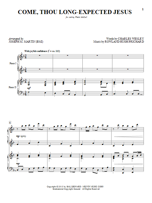 Joseph M. Martin Come, Thou Long-Expected Jesus Sheet Music Notes & Chords for Piano Duet - Download or Print PDF