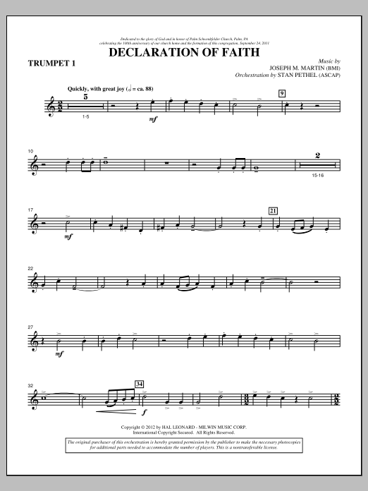 Joseph M. Martin Declaration Of Faith - Bb Trumpet 1 Sheet Music Notes & Chords for Choir Instrumental Pak - Download or Print PDF