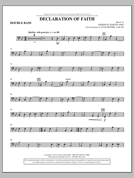 Joseph M. Martin Declaration Of Faith - Double Bass Sheet Music Notes & Chords for Choir Instrumental Pak - Download or Print PDF