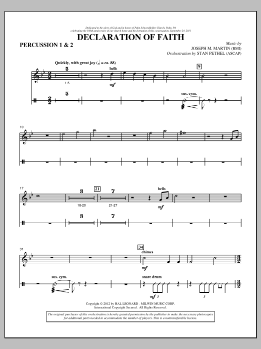 Joseph M. Martin Declaration Of Faith - Percussion 1 & 2 Sheet Music Notes & Chords for Choir Instrumental Pak - Download or Print PDF
