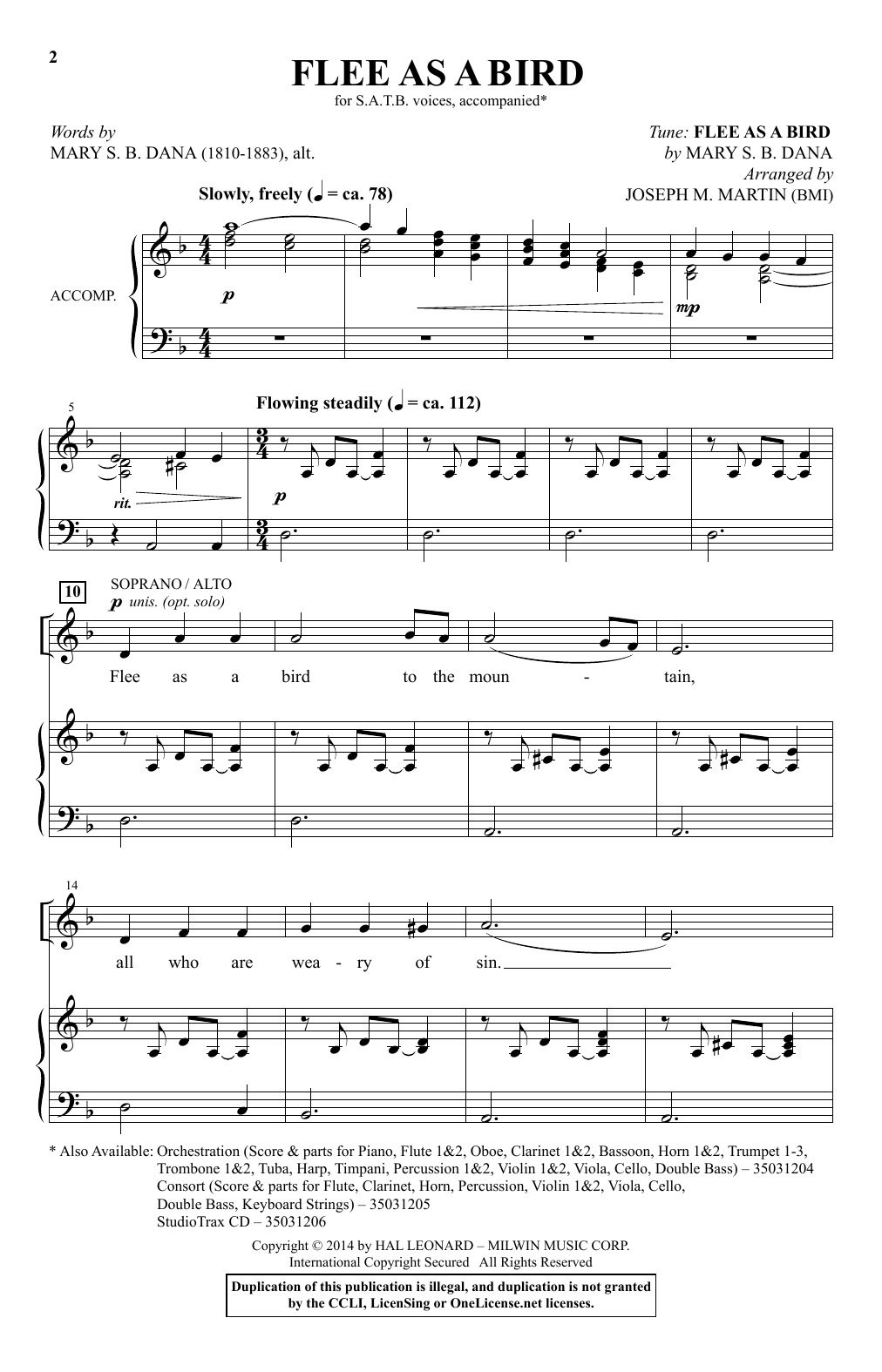 Mary S.B. Dana Flee As A Bird (arr. Joseph M. Martin) Sheet Music Notes & Chords for SATB - Download or Print PDF