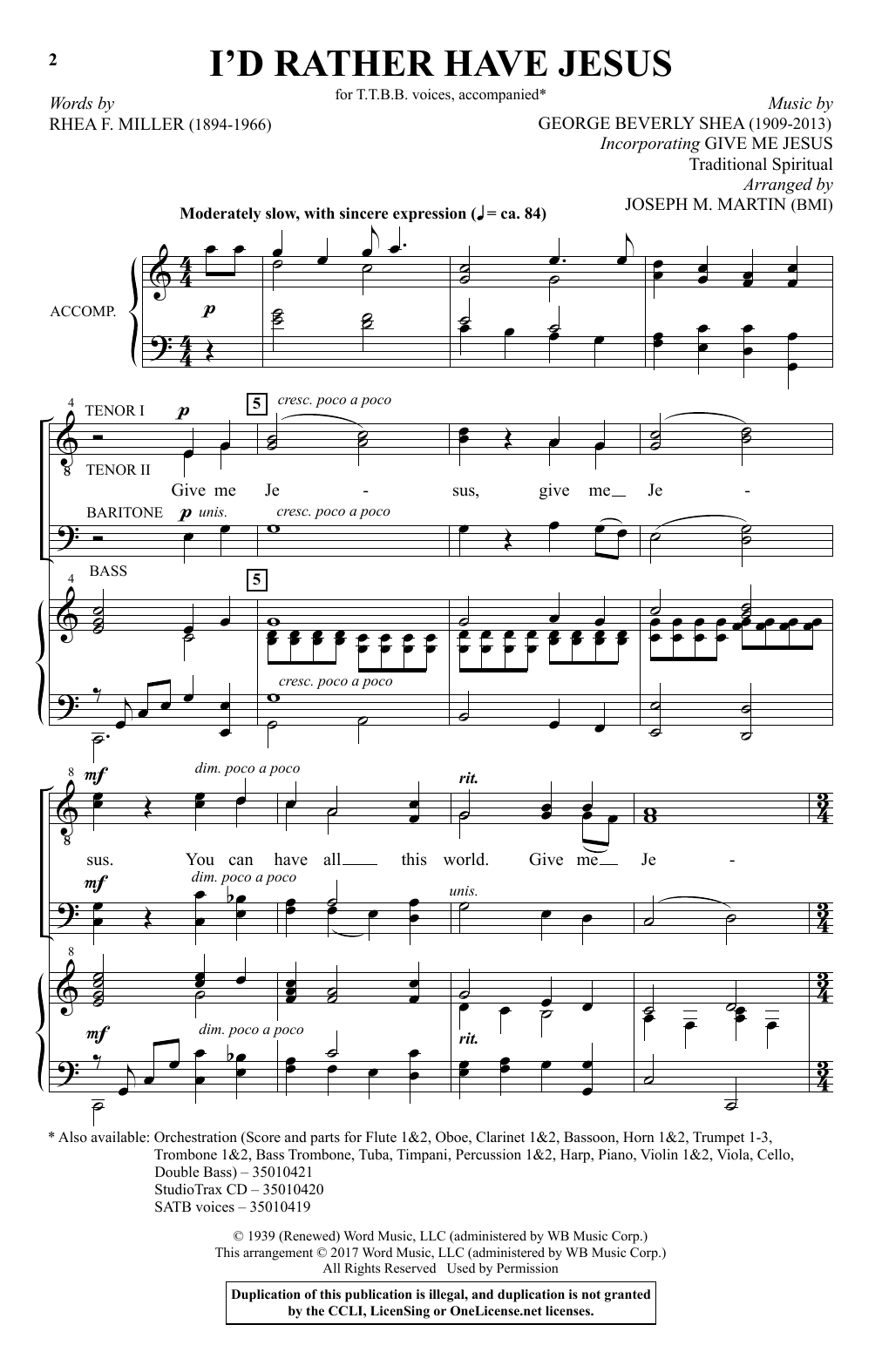 Joseph M. Martin I'd Rather Have Jesus Sheet Music Notes & Chords for TTBB - Download or Print PDF