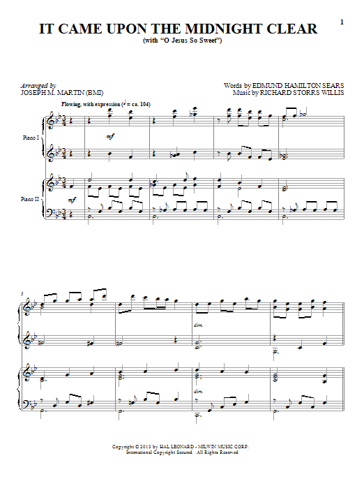 Joseph M. Martin It Came Upon The Midnight Clear Sheet Music Notes & Chords for Piano Duet - Download or Print PDF
