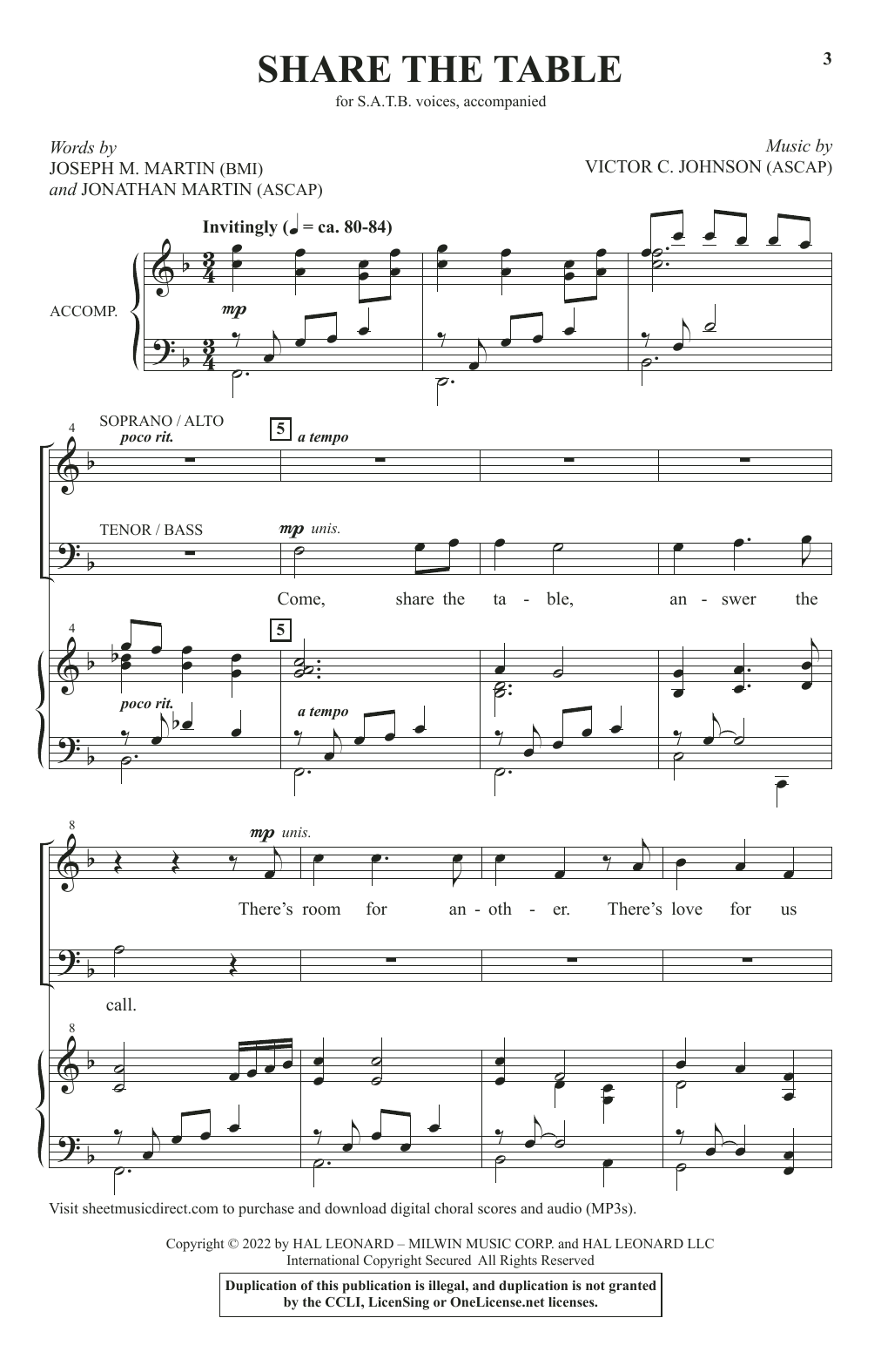 Joseph M. Martin, Jonathan Martin and Victor C. Johnson Share The Table Sheet Music Notes & Chords for SATB Choir - Download or Print PDF