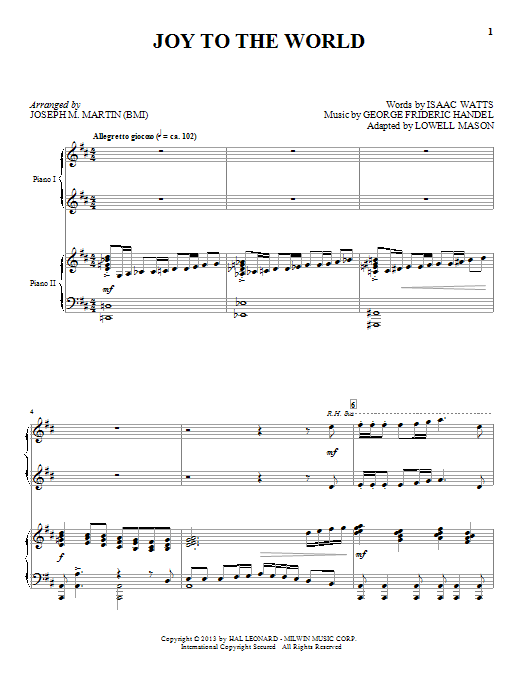 Joseph M. Martin Joy To The World Sheet Music Notes & Chords for Piano Duet - Download or Print PDF