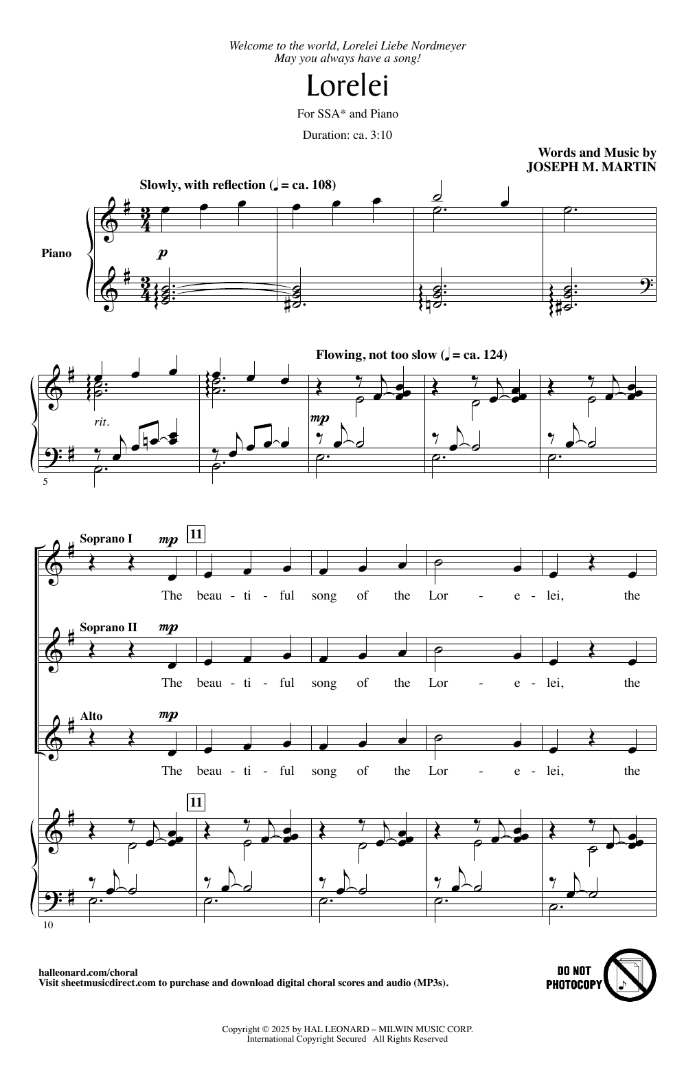 Joseph M. Martin Lorelei Sheet Music Notes & Chords for SSA Choir - Download or Print PDF
