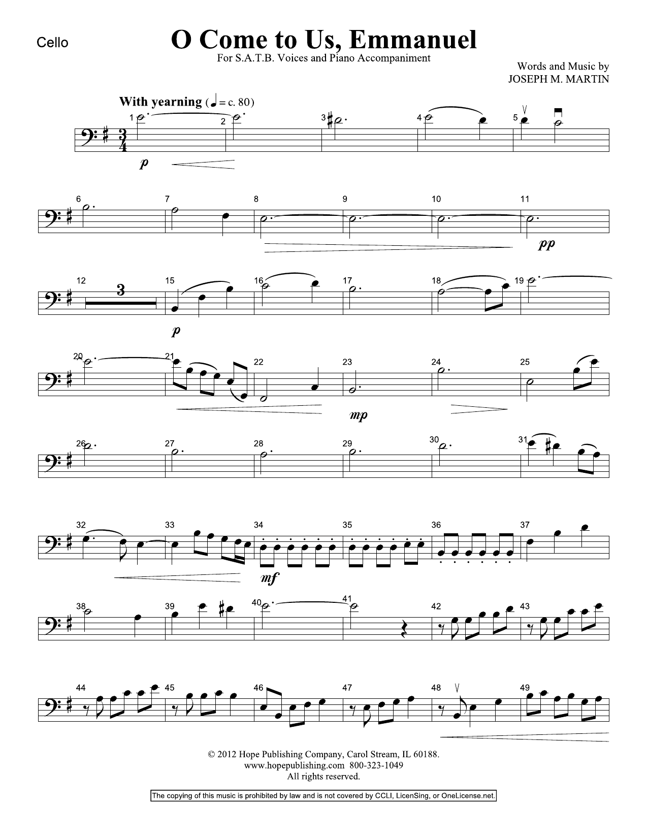 Joseph M. Martin O Come To Us, Emmanuel - Cello Sheet Music Notes & Chords for Choir Instrumental Pak - Download or Print PDF