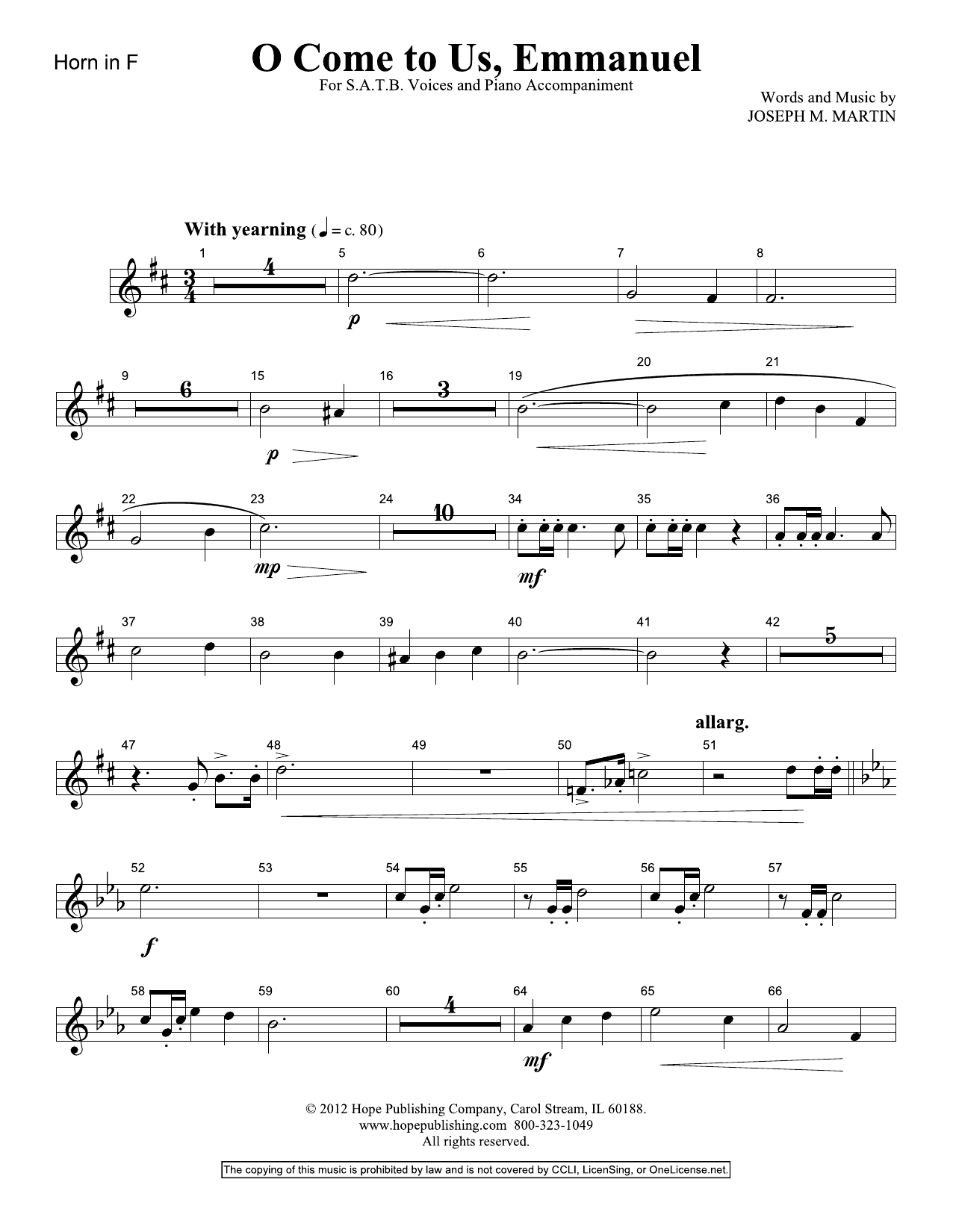 Joseph M. Martin O Come To Us, Emmanuel - Horn Sheet Music Notes & Chords for Choir Instrumental Pak - Download or Print PDF