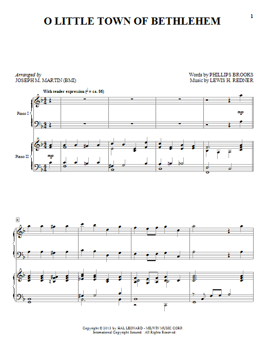 Joseph M. Martin O Little Town Of Bethlehem Sheet Music Notes & Chords for Piano Duet - Download or Print PDF