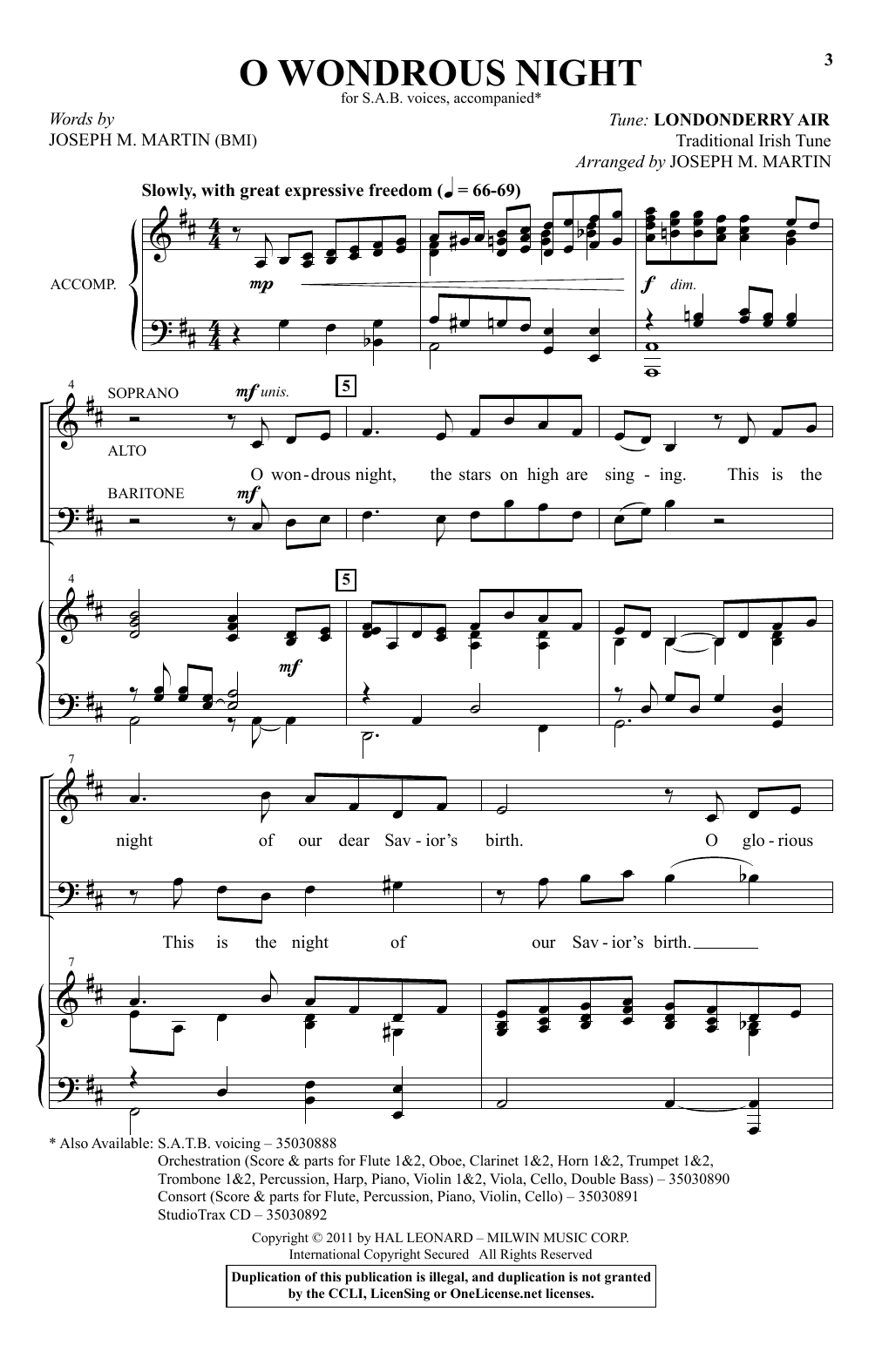 Joseph M. Martin O Wondrous Night Sheet Music Notes & Chords for SAB - Download or Print PDF