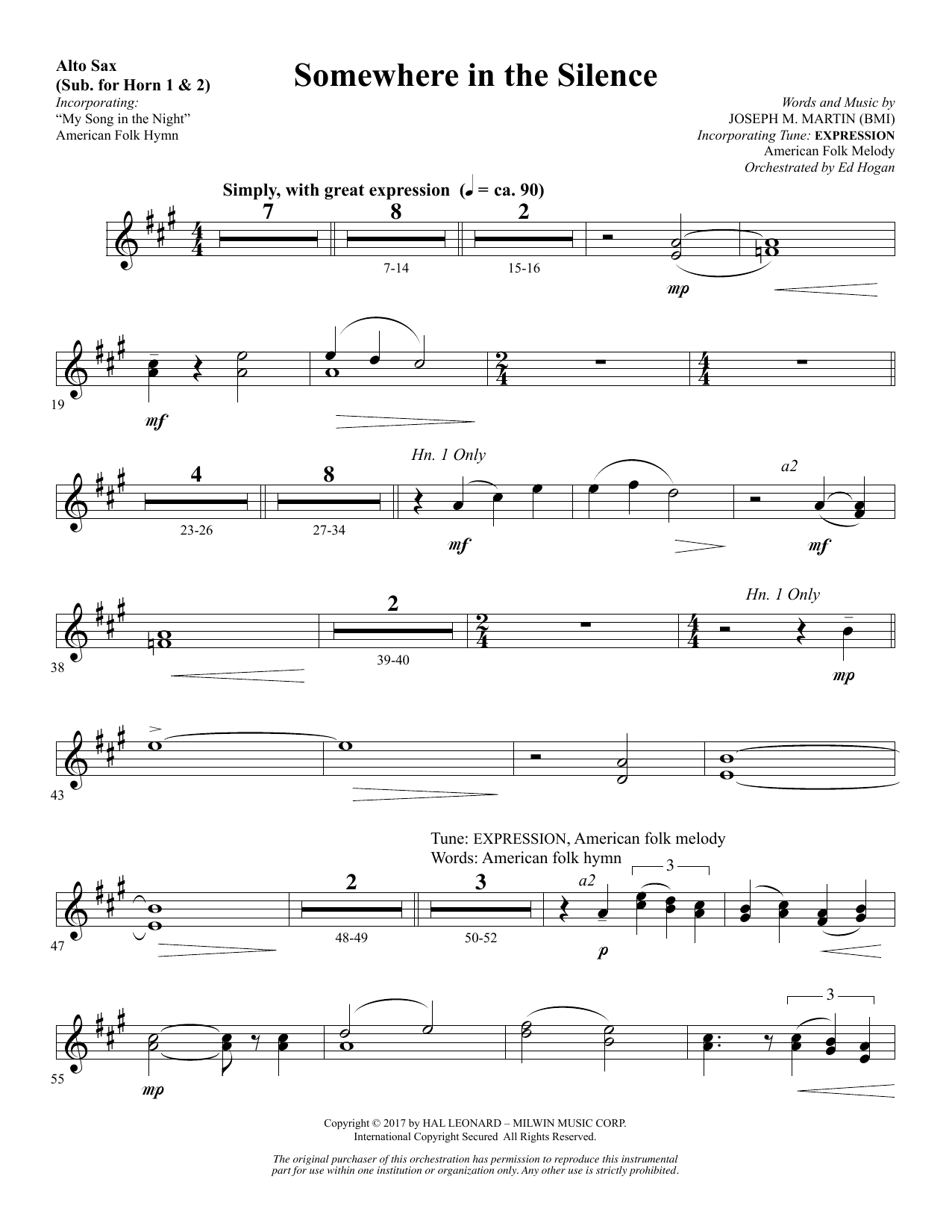 Joseph M. Martin Somewhere in the Silence - Alto Sax 1-2 (sub. Horn 1-2) Sheet Music Notes & Chords for Choral Instrumental Pak - Download or Print PDF