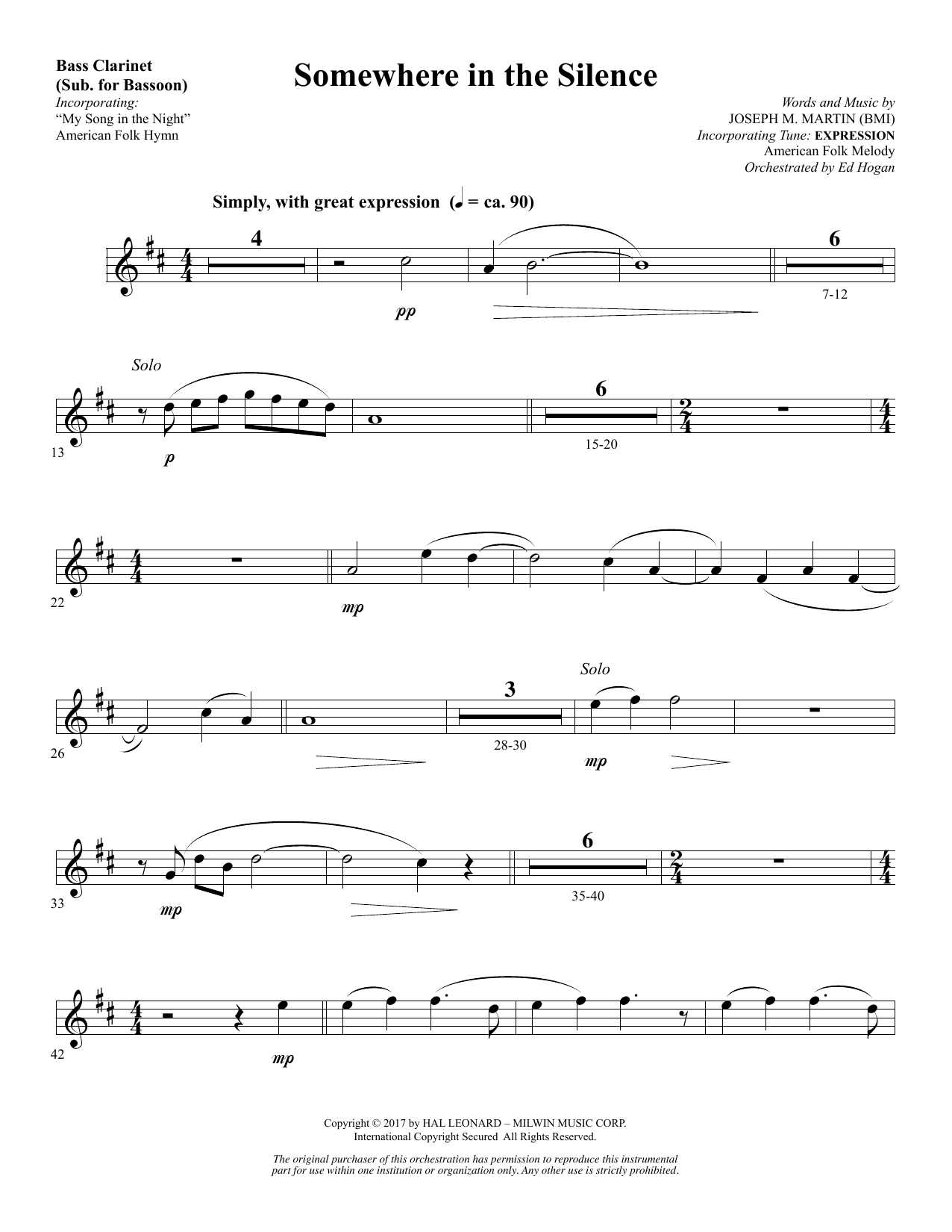 Joseph M. Martin Somewhere in the Silence - Bass Clarinet (sub. Bassoon) Sheet Music Notes & Chords for Choral Instrumental Pak - Download or Print PDF