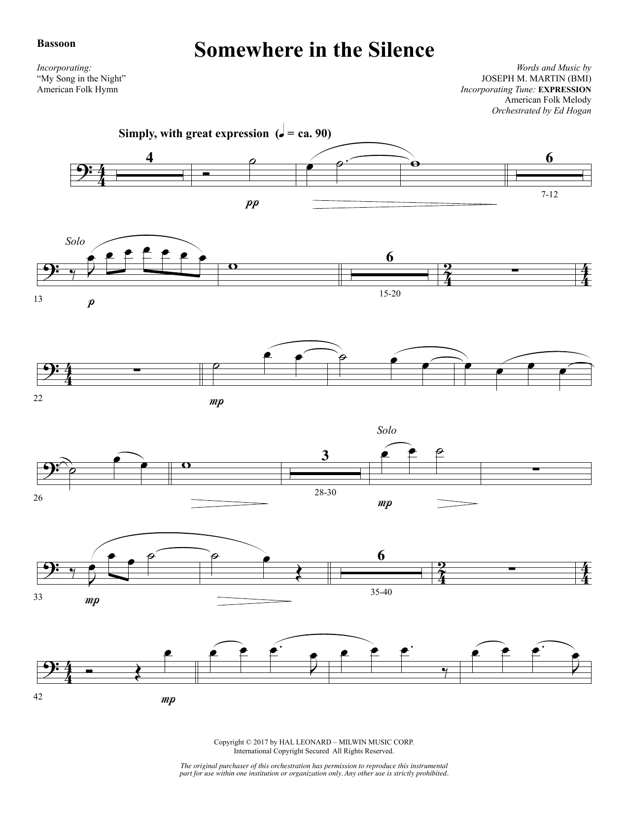 Joseph M. Martin Somewhere in the Silence - Bassoon Sheet Music Notes & Chords for Choral Instrumental Pak - Download or Print PDF
