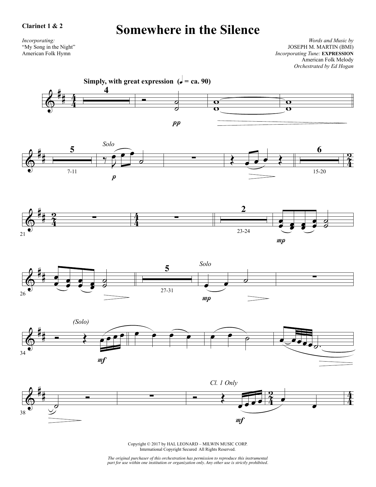 Joseph M. Martin Somewhere in the Silence - Bb Clarinet 1 & 2 Sheet Music Notes & Chords for Choral Instrumental Pak - Download or Print PDF