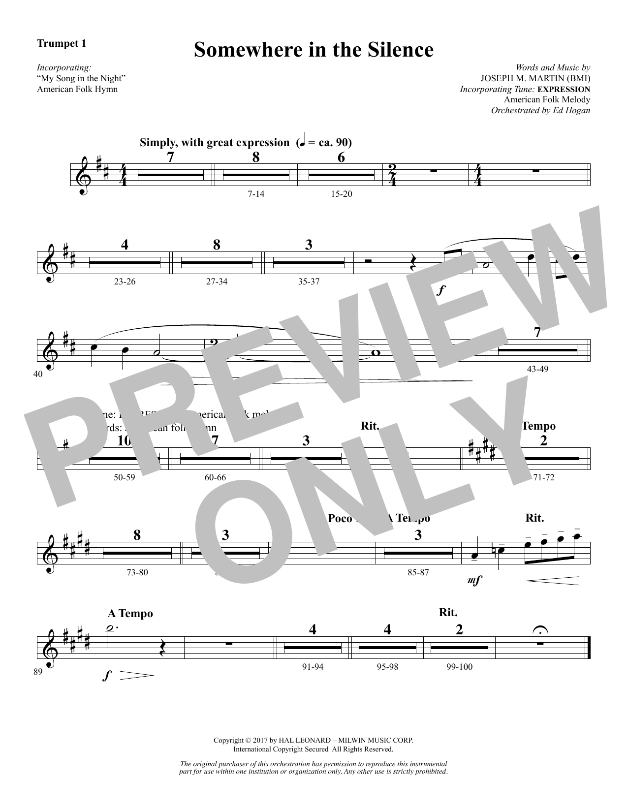 Joseph M. Martin Somewhere in the Silence - Bb Trumpet 1 Sheet Music Notes & Chords for Choral Instrumental Pak - Download or Print PDF