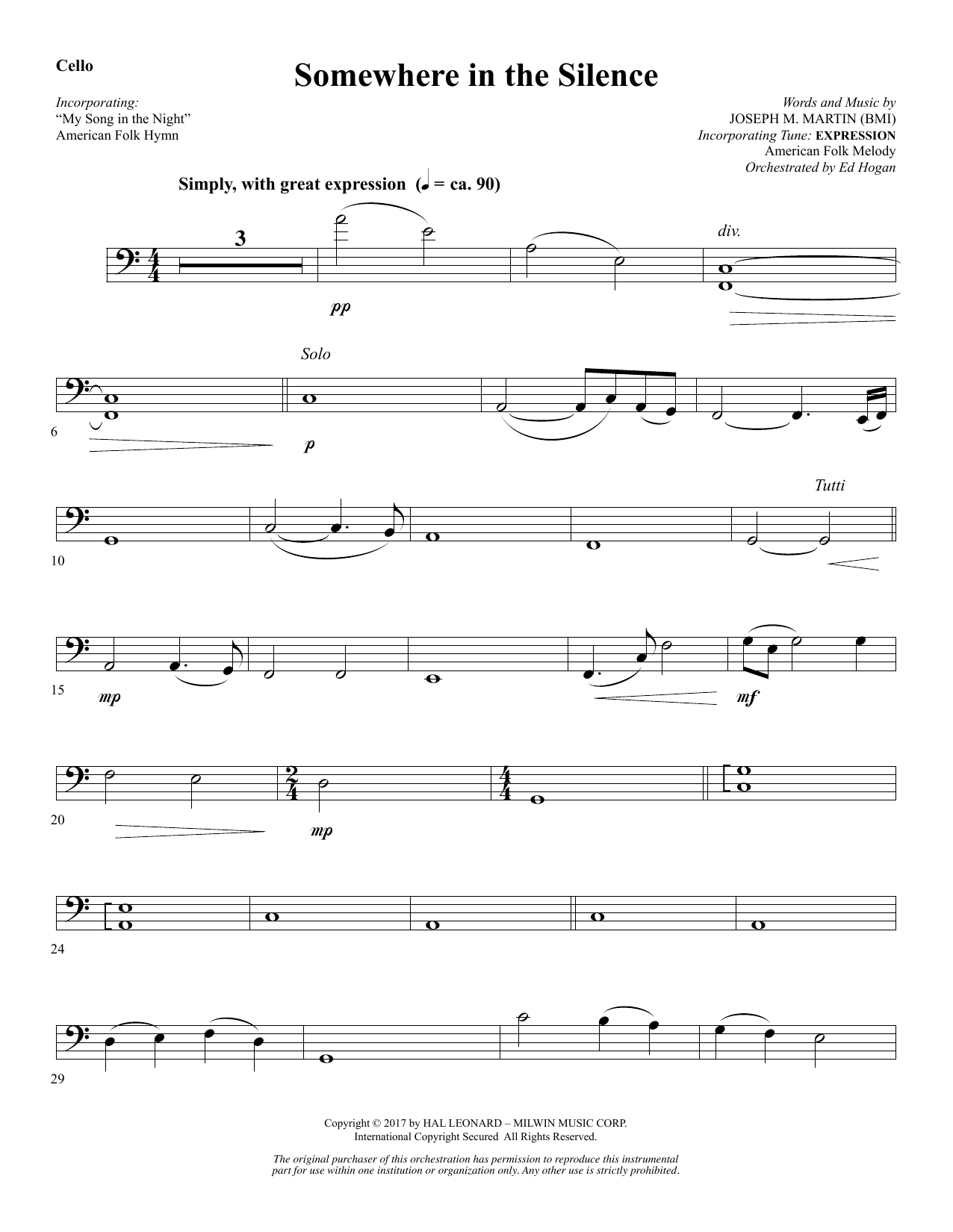 Joseph M. Martin Somewhere in the Silence - Cello Sheet Music Notes & Chords for Choral Instrumental Pak - Download or Print PDF