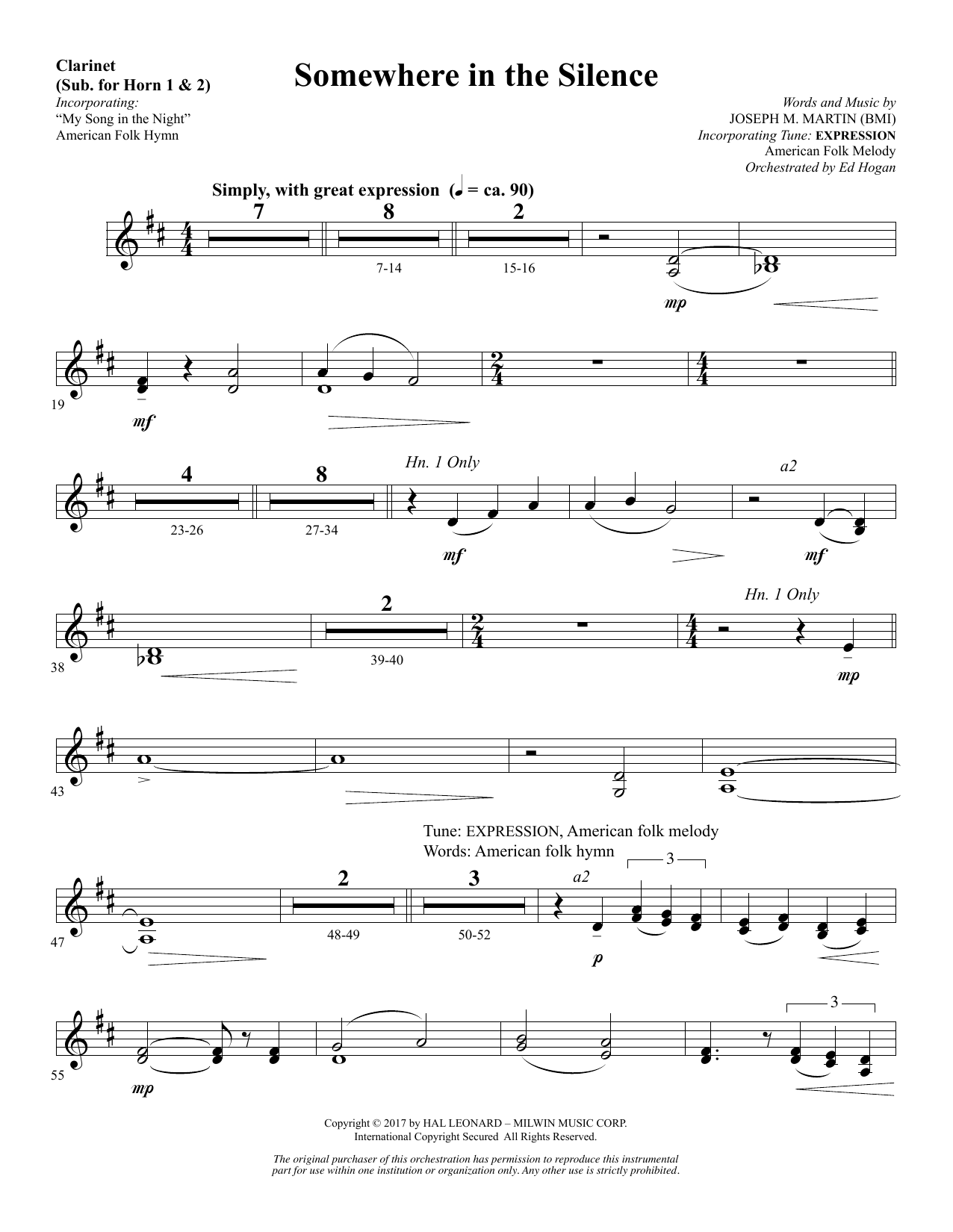 Joseph M. Martin Somewhere in the Silence - Clarinet (sub. Horn 1-2) Sheet Music Notes & Chords for Choral Instrumental Pak - Download or Print PDF