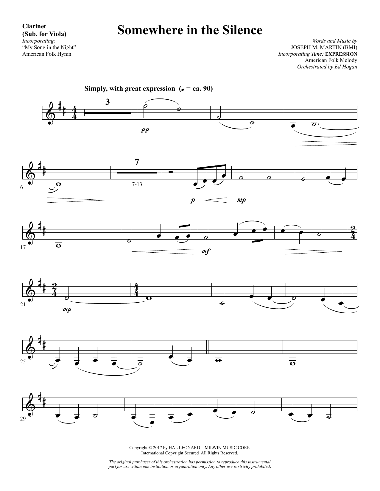 Joseph M. Martin Somewhere in the Silence - Clarinet (sub Viola) Sheet Music Notes & Chords for Choral Instrumental Pak - Download or Print PDF