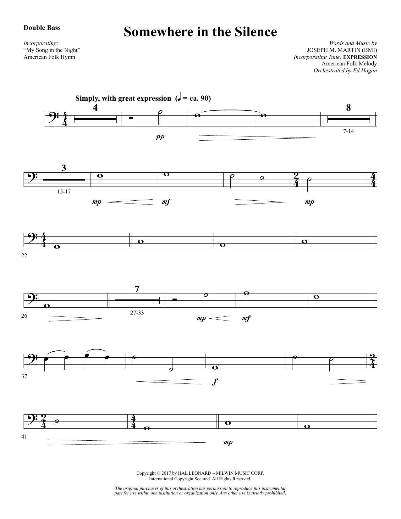 Joseph M. Martin Somewhere in the Silence - Double Bass Sheet Music Notes & Chords for Choral Instrumental Pak - Download or Print PDF