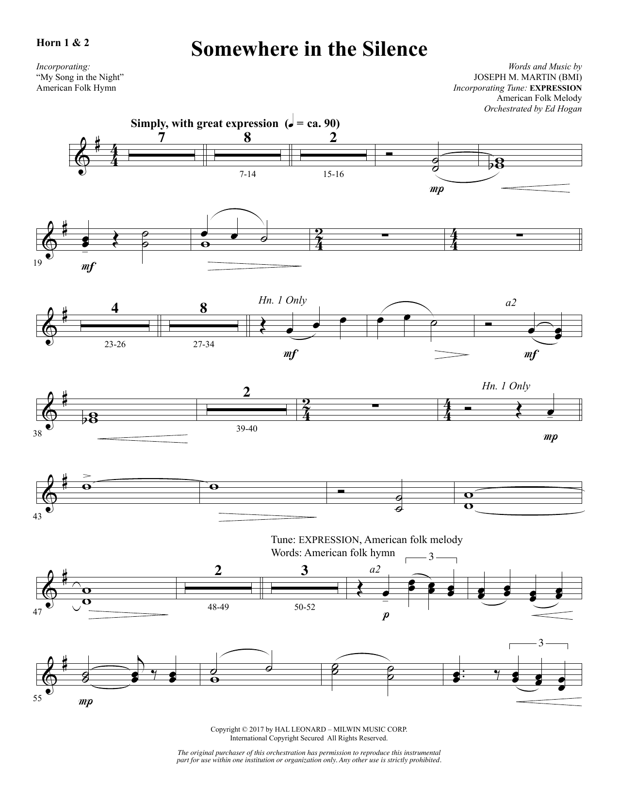 Joseph M. Martin Somewhere in the Silence - F Horn 1 & 2 Sheet Music Notes & Chords for Choral Instrumental Pak - Download or Print PDF