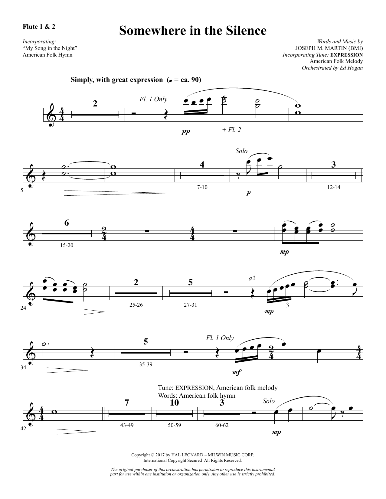 Joseph M. Martin Somewhere in the Silence - Flute 1 & 2 Sheet Music Notes & Chords for Choral Instrumental Pak - Download or Print PDF