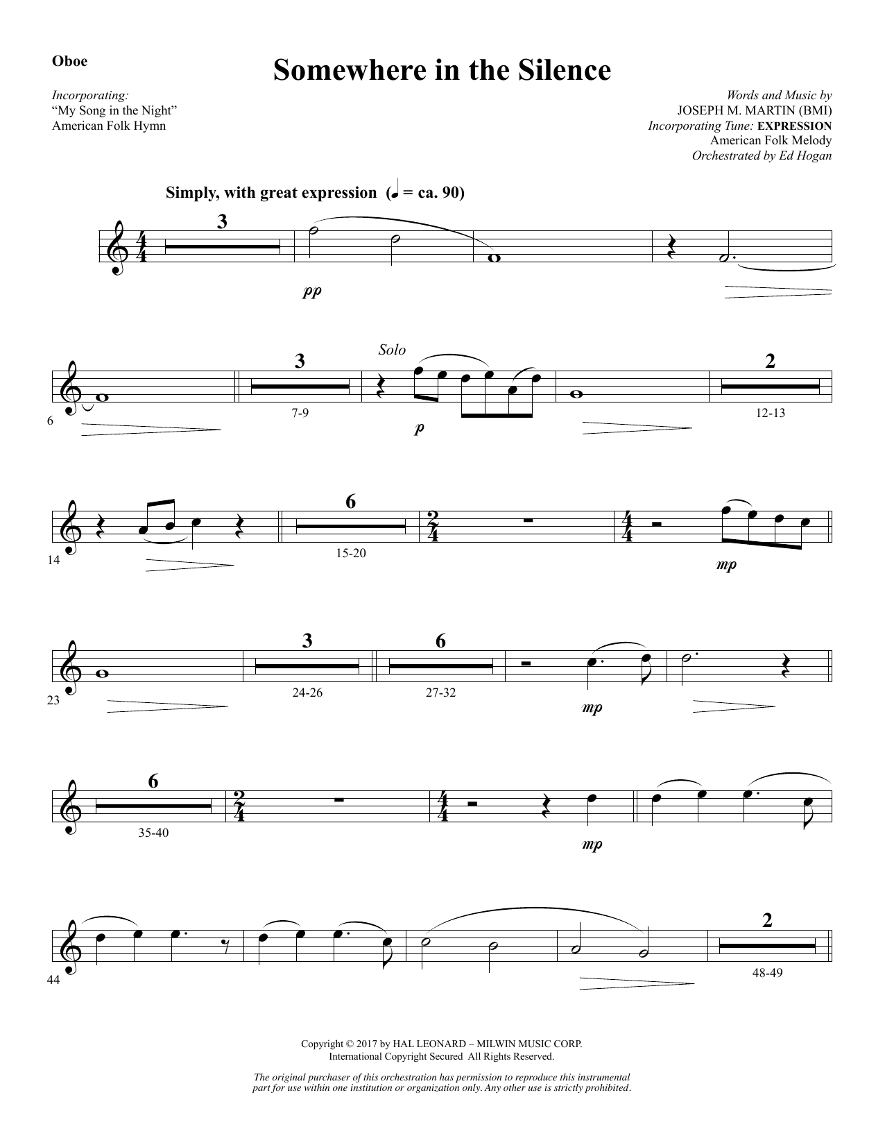 Joseph M. Martin Somewhere in the Silence - Oboe Sheet Music Notes & Chords for Choral Instrumental Pak - Download or Print PDF