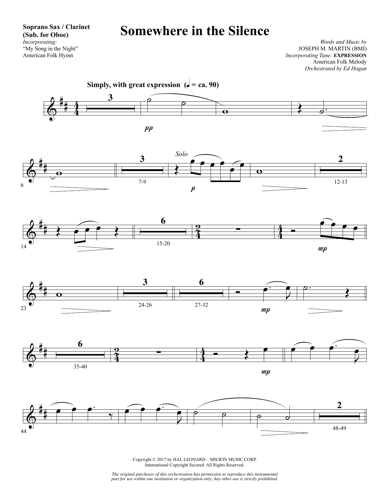 Joseph M. Martin Somewhere in the Silence - Soprano Sax/Clarinet(sub oboe) Sheet Music Notes & Chords for Choral Instrumental Pak - Download or Print PDF