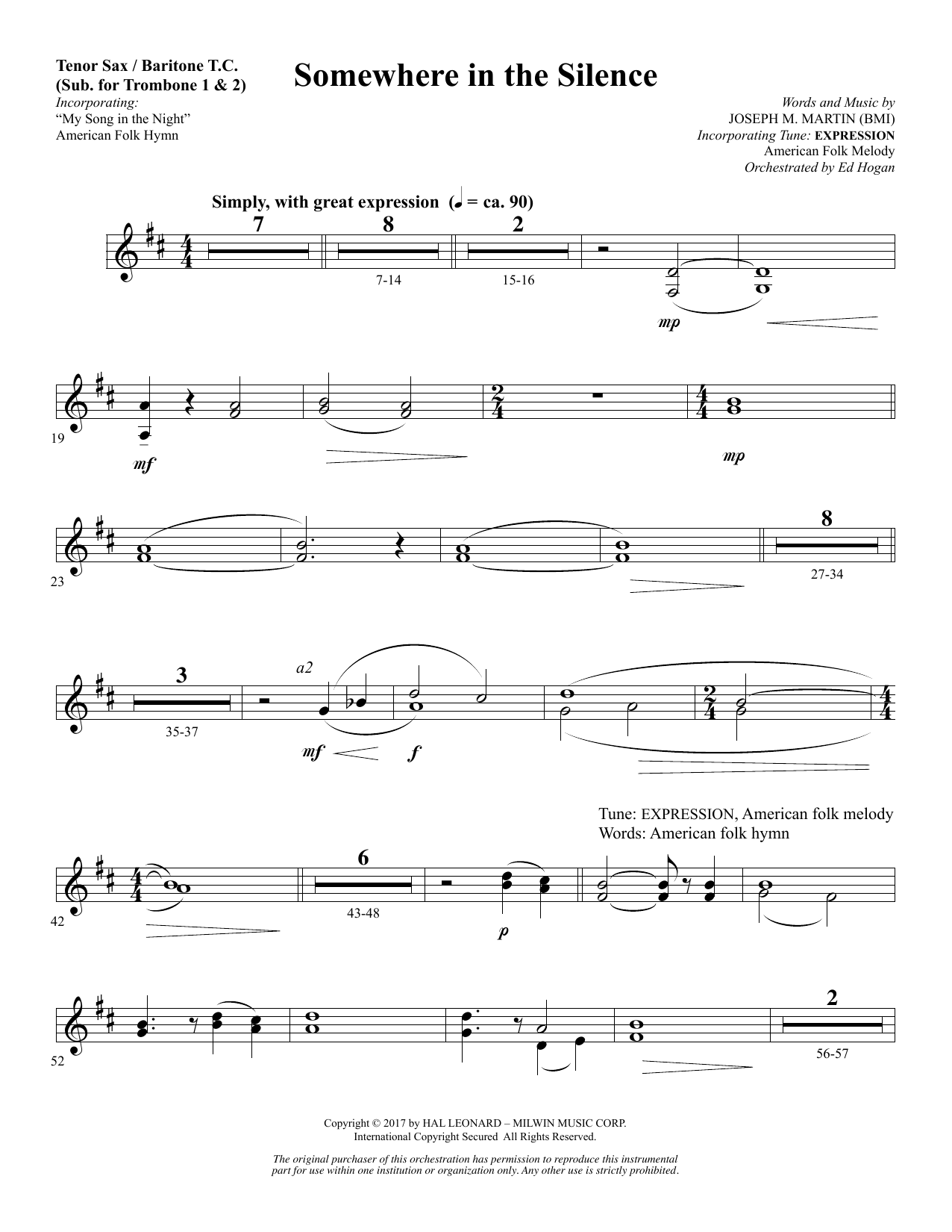 Joseph M. Martin Somewhere in the Silence - Tenor Sax/BariTC (sub Tbn 1-2) Sheet Music Notes & Chords for Choral Instrumental Pak - Download or Print PDF