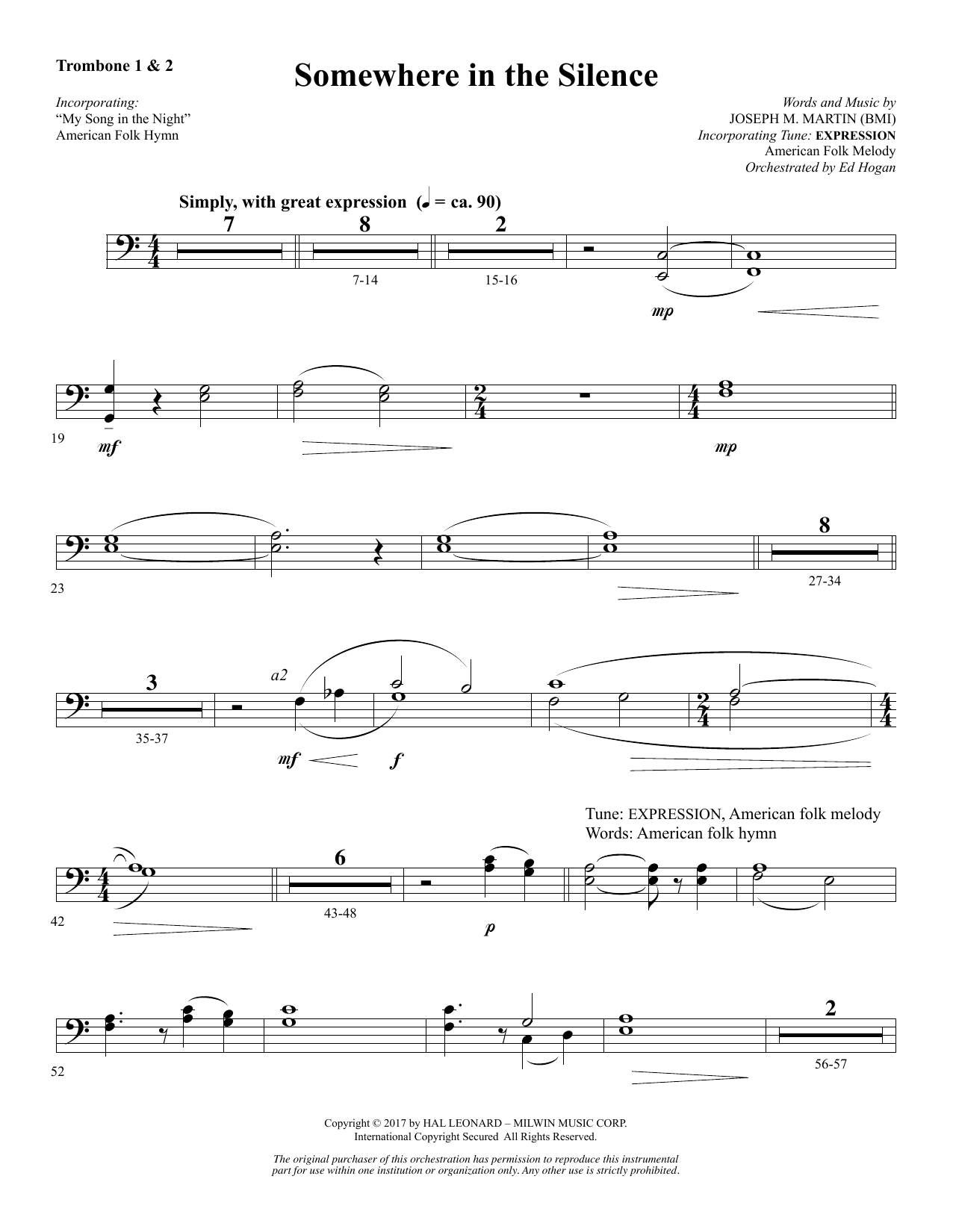 Joseph M. Martin Somewhere in the Silence - Trombone 1 & 2 Sheet Music Notes & Chords for Choral Instrumental Pak - Download or Print PDF
