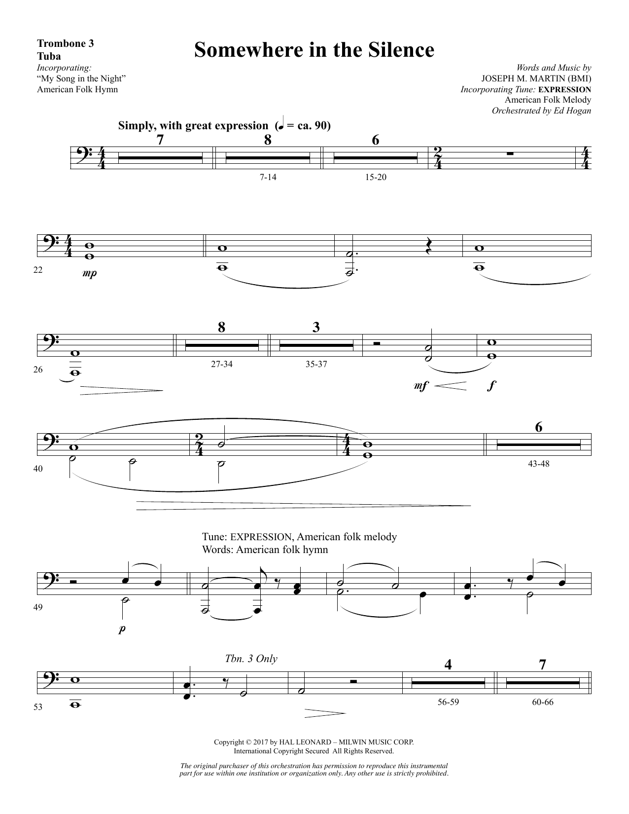 Joseph M. Martin Somewhere in the Silence - Trombone 3/Tuba Sheet Music Notes & Chords for Choral Instrumental Pak - Download or Print PDF