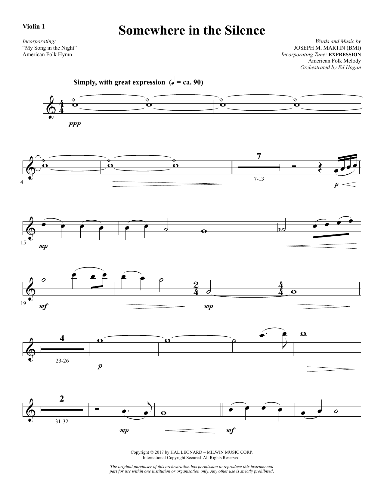 Joseph M. Martin Somewhere in the Silence - Violin 1 Sheet Music Notes & Chords for Choral Instrumental Pak - Download or Print PDF