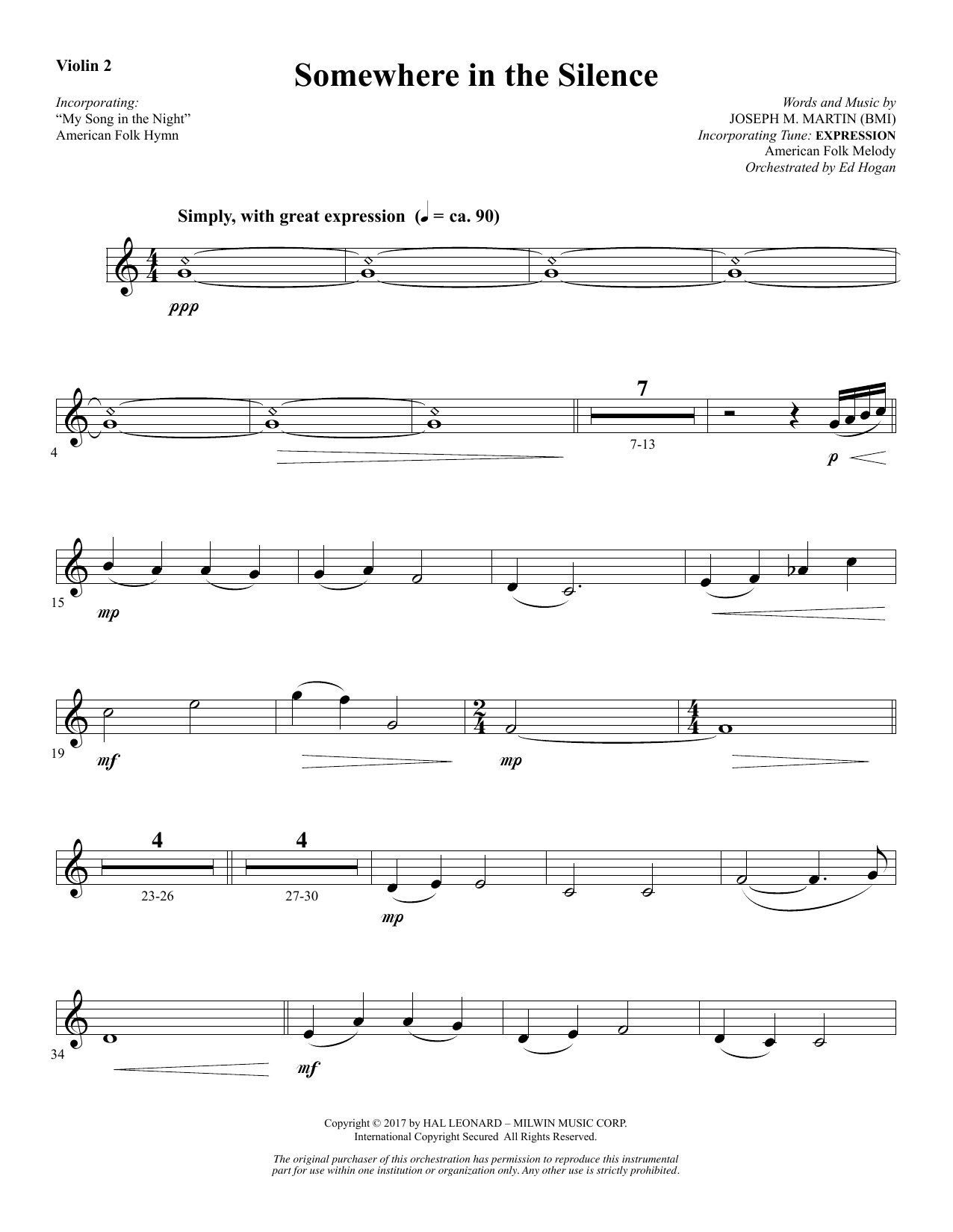Joseph M. Martin Somewhere in the Silence - Violin 2 Sheet Music Notes & Chords for Choral Instrumental Pak - Download or Print PDF