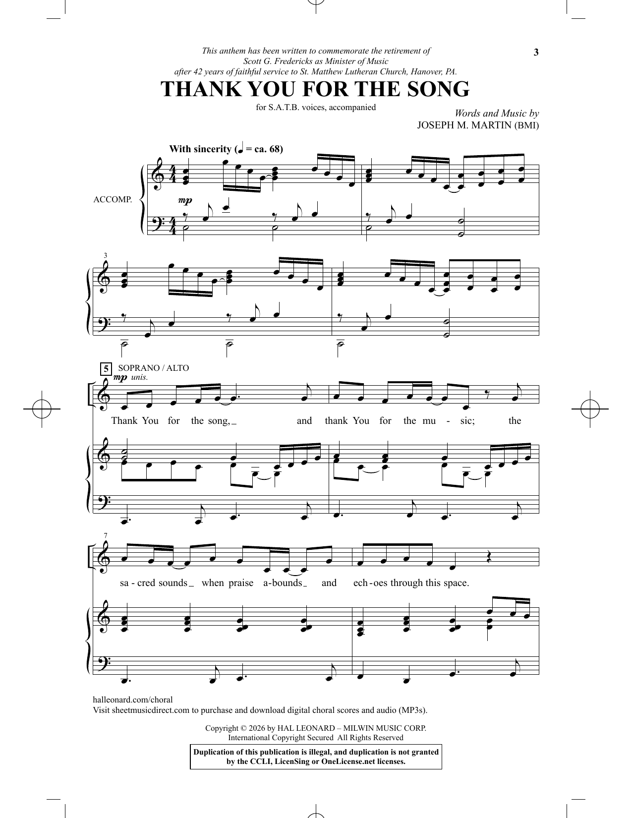 Joseph M. Martin Thank You For The Song Sheet Music Notes & Chords for SATB Choir - Download or Print PDF