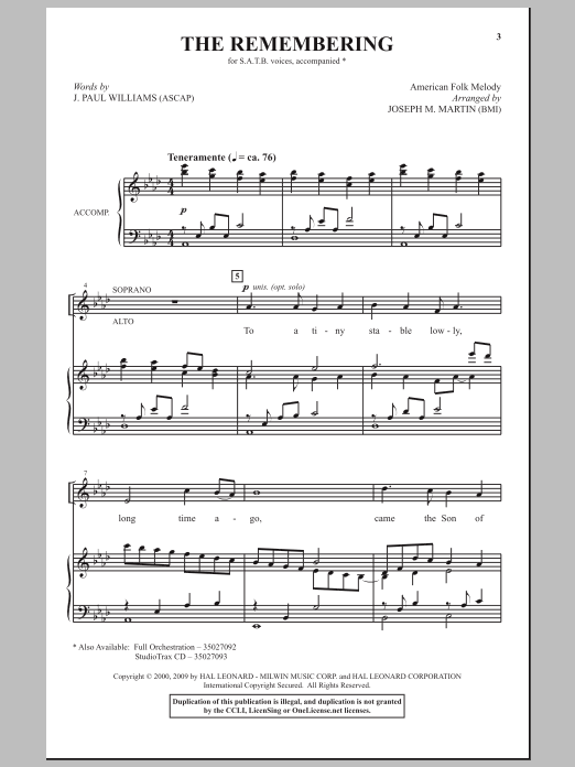 Joseph M. Martin The Remembering Sheet Music Notes & Chords for SATB - Download or Print PDF