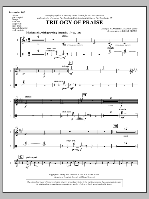 Joseph M. Martin Trilogy Of Praise - Percussion 1 & 2 Sheet Music Notes & Chords for Choir Instrumental Pak - Download or Print PDF