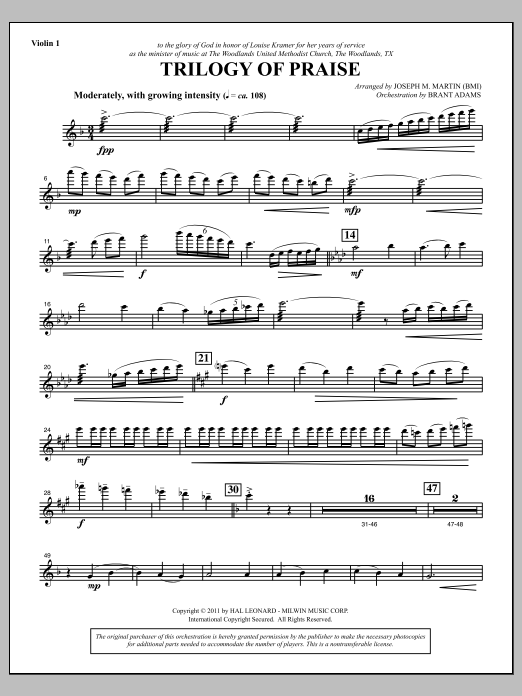 Joseph M. Martin Trilogy Of Praise - Violin 1 Sheet Music Notes & Chords for Choir Instrumental Pak - Download or Print PDF