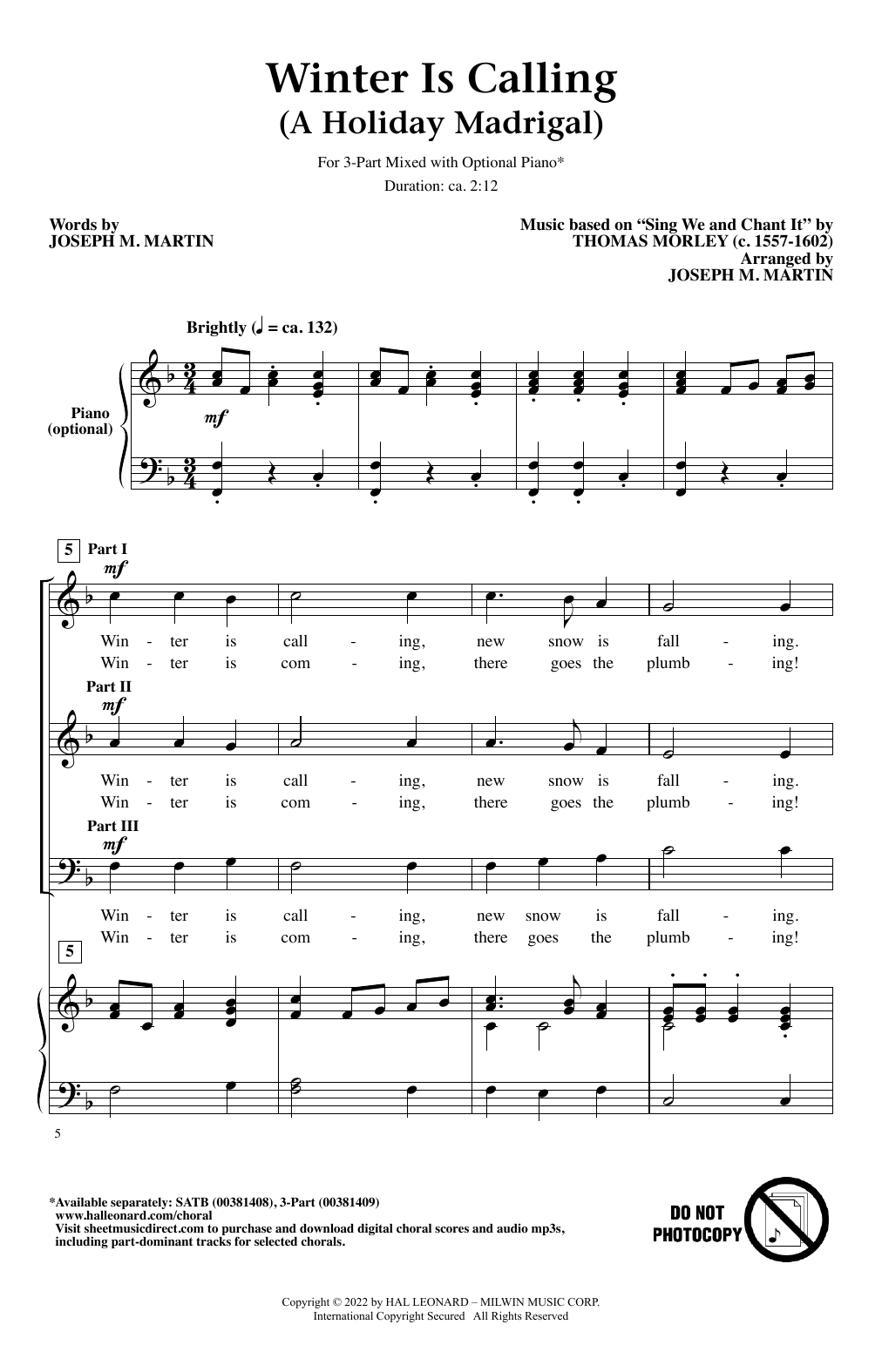 Joseph M. Martin Winter Is Calling (A Holiday Madrigal) Sheet Music Notes & Chords for 3-Part Mixed Choir - Download or Print PDF