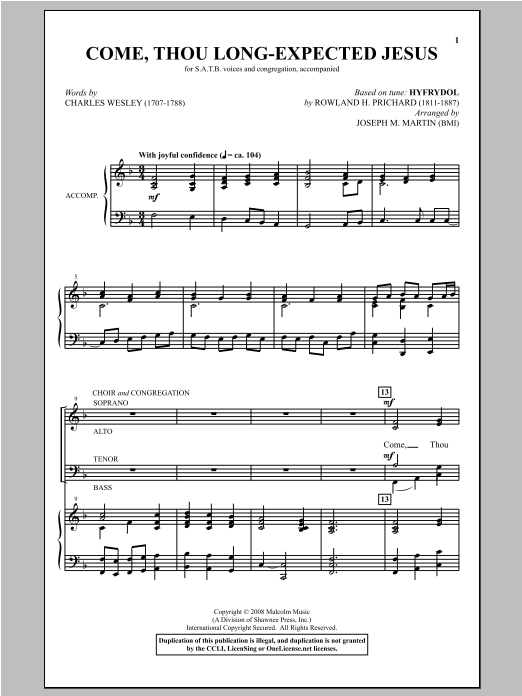 Rowland H. Prichard Come, Thou Long-Expected Jesus (arr. Joseph M. Martin) Sheet Music Notes & Chords for SATB - Download or Print PDF