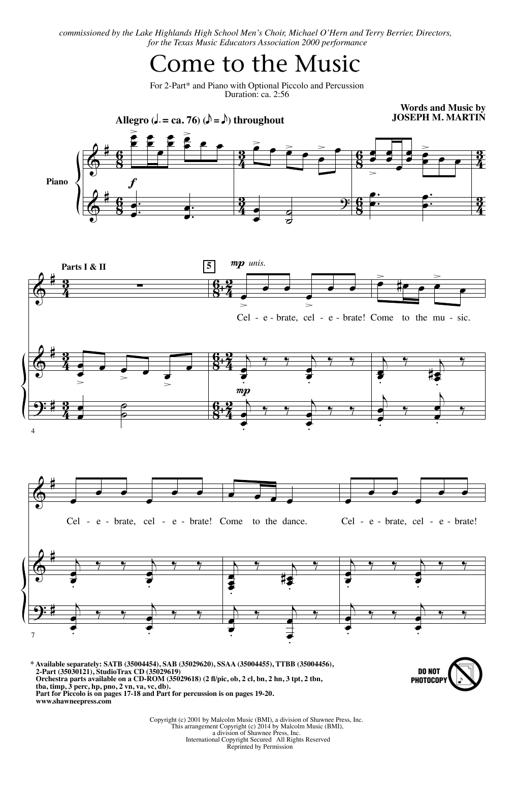 Joseph Martin Come To The Music Sheet Music Notes & Chords for 2-Part Choir - Download or Print PDF
