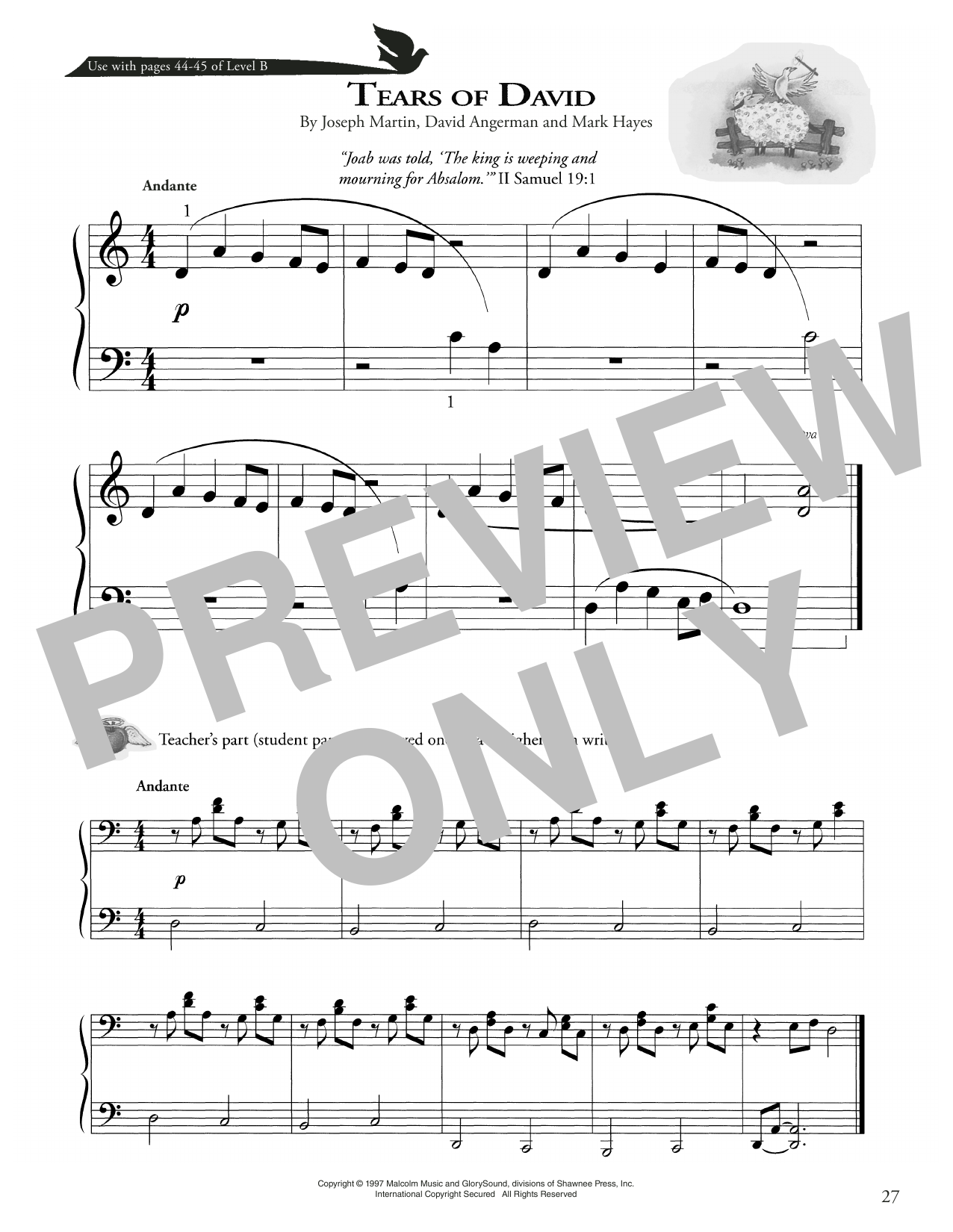 Joseph Martin, David Angerman and Mark Hayes Tears Of David Sheet Music Notes & Chords for Piano Method - Download or Print PDF