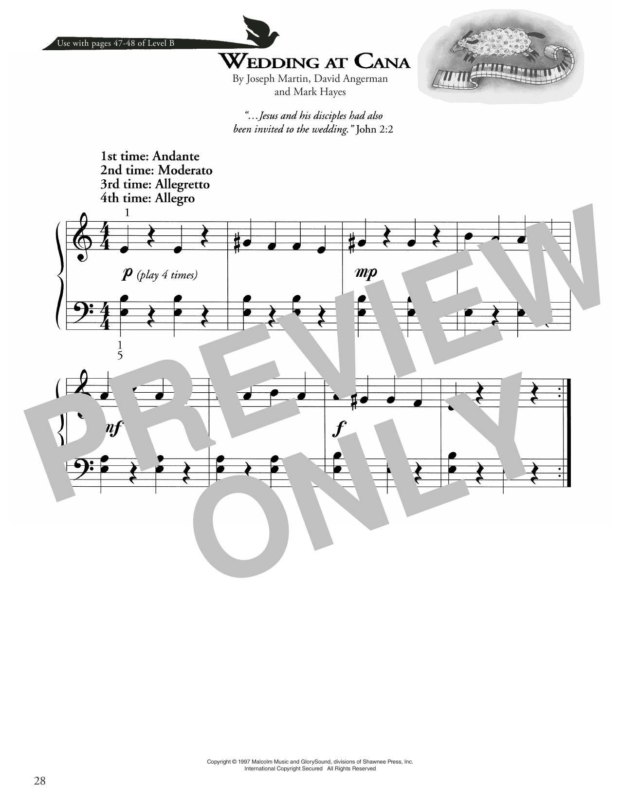 Joseph Martin, David Angerman and Mark Hayes Wedding At Cana Sheet Music Notes & Chords for Piano Method - Download or Print PDF