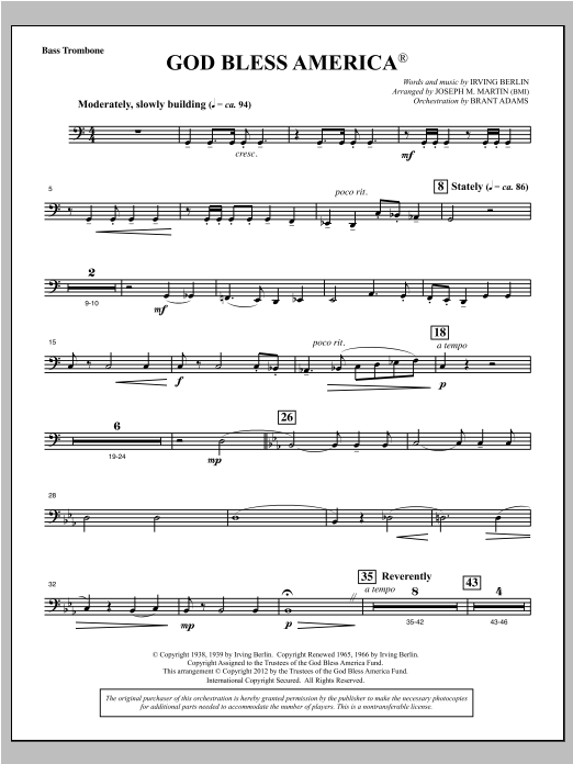 Joseph Martin God Bless America - Bass Trombone Sheet Music Notes & Chords for Choral Instrumental Pak - Download or Print PDF