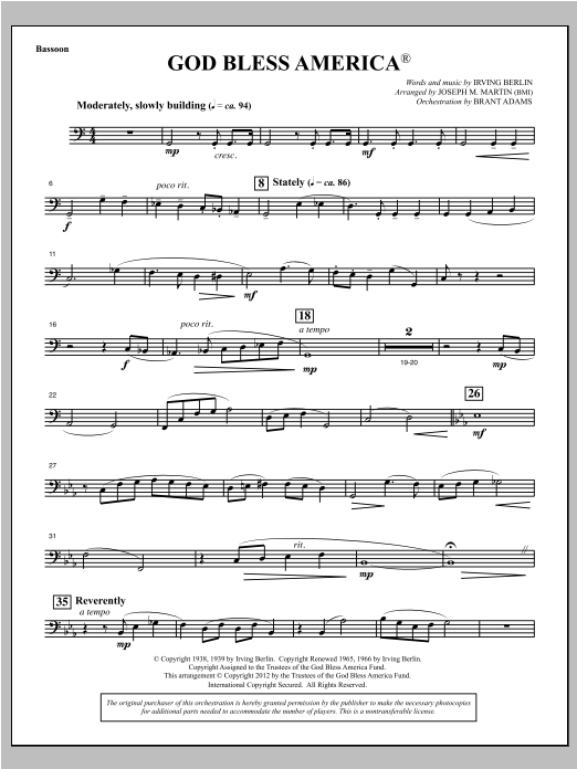 Joseph Martin God Bless America - Bassoon Sheet Music Notes & Chords for Choral Instrumental Pak - Download or Print PDF