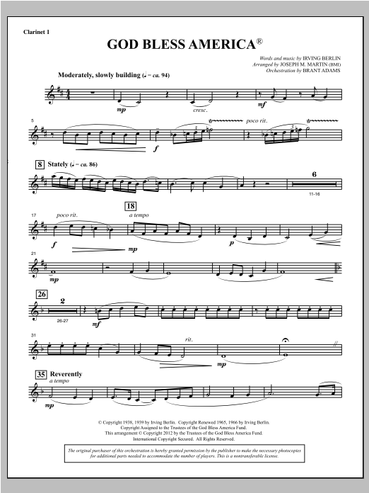 Joseph Martin God Bless America - Bb Clarinet 1 Sheet Music Notes & Chords for Choral Instrumental Pak - Download or Print PDF
