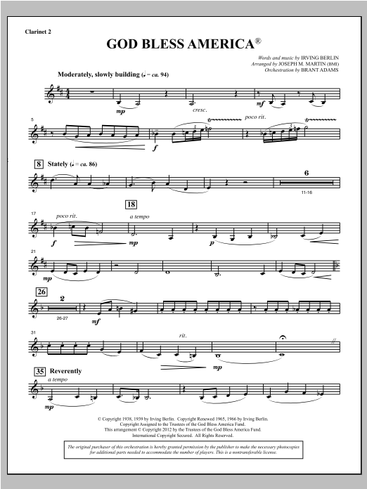 Joseph Martin God Bless America - Bb Clarinet 2 Sheet Music Notes & Chords for Choral Instrumental Pak - Download or Print PDF