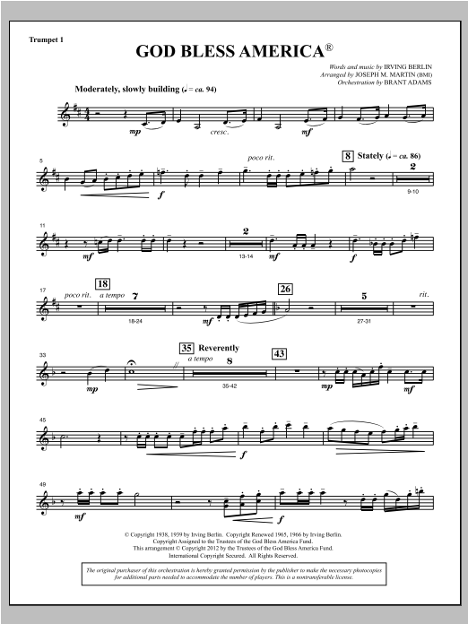 Joseph Martin God Bless America - Bb Trumpet 1 Sheet Music Notes & Chords for Choral Instrumental Pak - Download or Print PDF