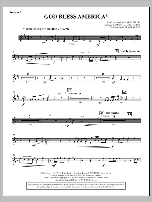 Joseph Martin God Bless America - Bb Trumpet 2 Sheet Music Notes & Chords for Choral Instrumental Pak - Download or Print PDF