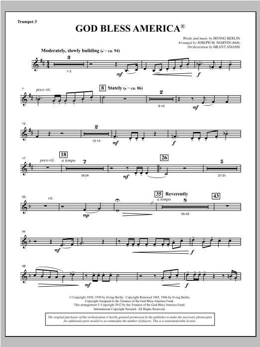 Joseph Martin God Bless America - Bb Trumpet 3 Sheet Music Notes & Chords for Choral Instrumental Pak - Download or Print PDF
