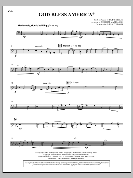 Joseph Martin God Bless America - Cello Sheet Music Notes & Chords for Choral Instrumental Pak - Download or Print PDF